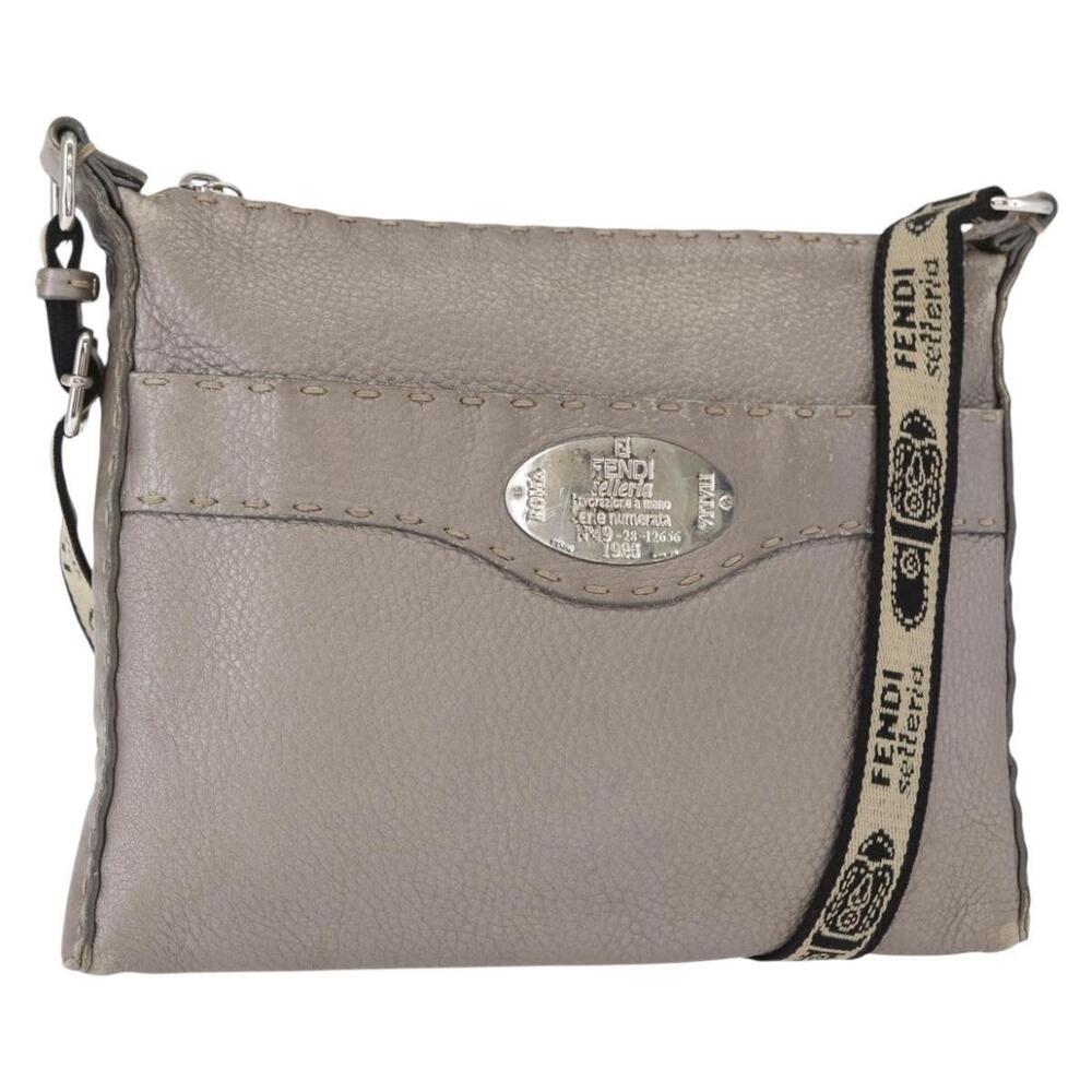 FENDI Celeria Shoulder Bag Leather Silver Auth BA8920